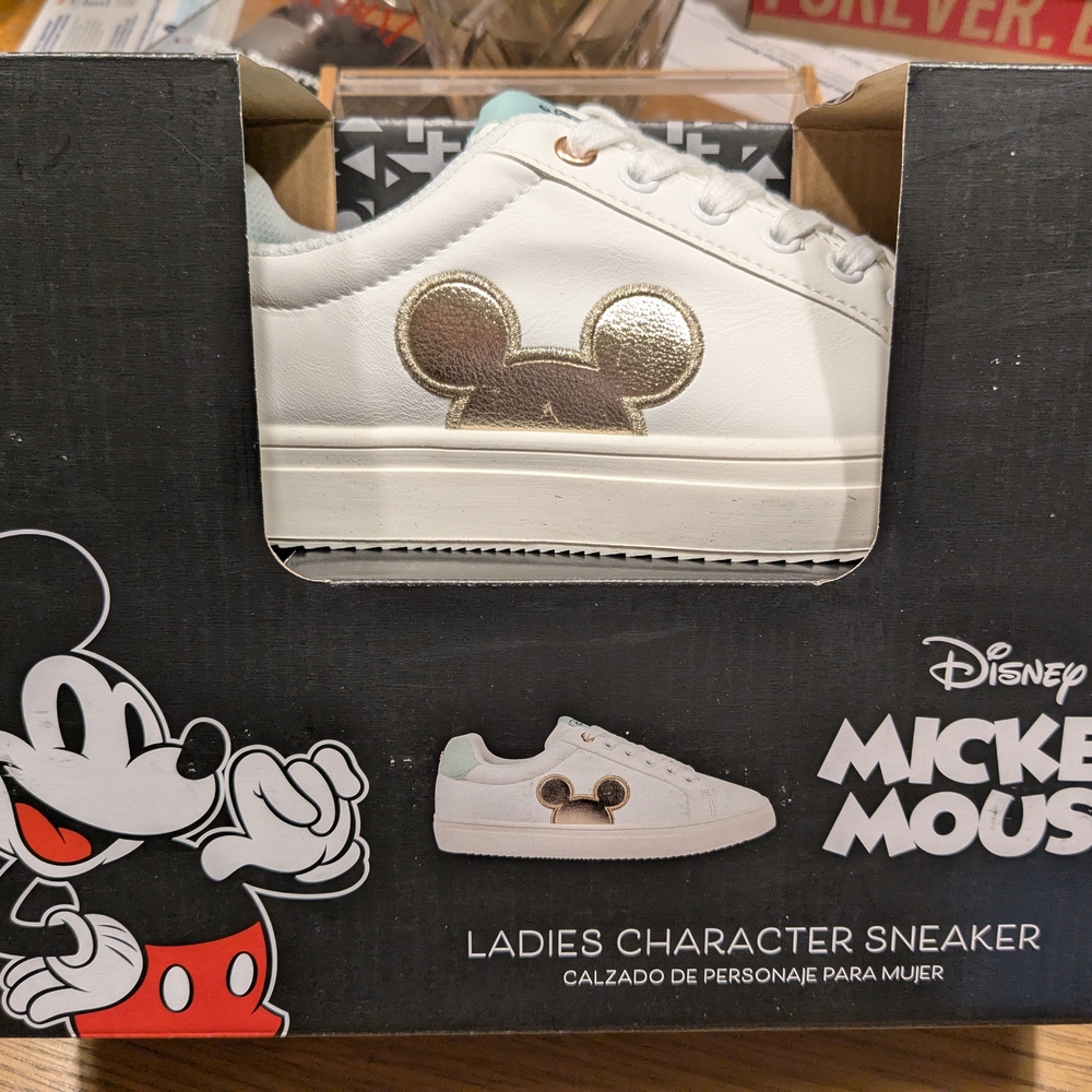Disney Gold and White Sneakers with Mickey Mouse Design Women's Size 8